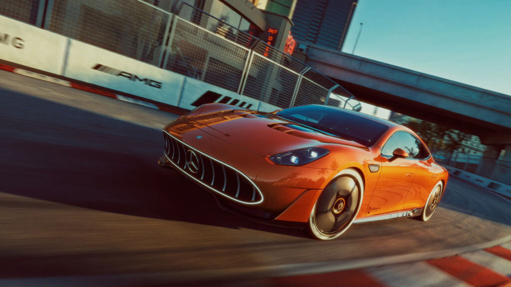 Mercedes AMG GT XX concept car cornering on a racetrack