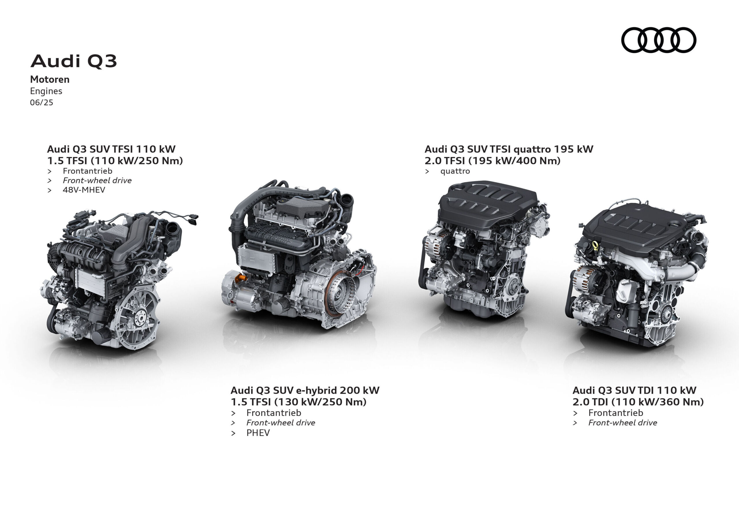 Illustration - Audi Q3 - Engines - The illustration shows the range of engines available in the Audi Q3. From left to right: the 1.5 TFSI with 110 kW and 250 Nm with the 48V MHEV energy system; the 1.5 TFSI e-hybrid version with 130 kW and 250 Nm; the...