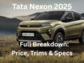 2025 Tata Nexon parked on a scenic hillside with pricing and variant details overlayed in bold text.