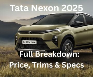 2025 Tata Nexon parked on a scenic hillside with pricing and variant details overlayed in bold text.