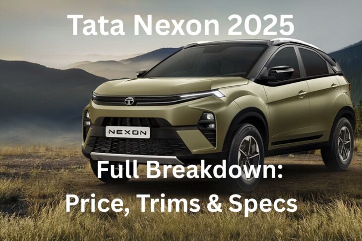 2025 Tata Nexon parked on a scenic hillside with pricing and variant details overlayed in bold text.