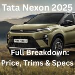 2025 Tata Nexon parked on a scenic hillside with pricing and variant details overlayed in bold text.