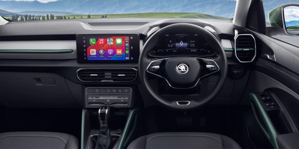 Interior dashboard of Škoda Kylaq with digital cockpit and infotainment screen