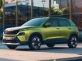 Front three-quarter view of the 2025 Škoda Kylaq in Lime Green, showcasing bold grille and LED DRLs