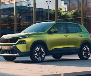 Front three-quarter view of the 2025 Škoda Kylaq in Lime Green, showcasing bold grille and LED DRLs