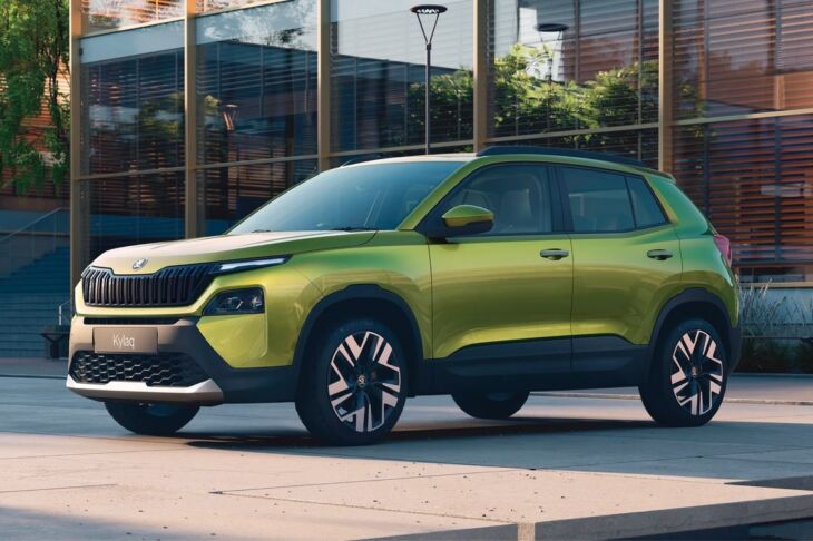 Front three-quarter view of the 2025 Škoda Kylaq in Lime Green, showcasing bold grille and LED DRLs