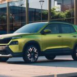 Front three-quarter view of the 2025 Škoda Kylaq in Lime Green, showcasing bold grille and LED DRLs