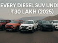 A lineup of six diesel SUVs from different brands parked on an open road, with text overlay reading "Every Diesel SUV Under ₹30 Lakh (2025)".
