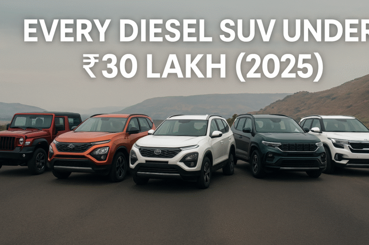 A lineup of six diesel SUVs from different brands parked on an open road, with text overlay reading "Every Diesel SUV Under ₹30 Lakh (2025)".