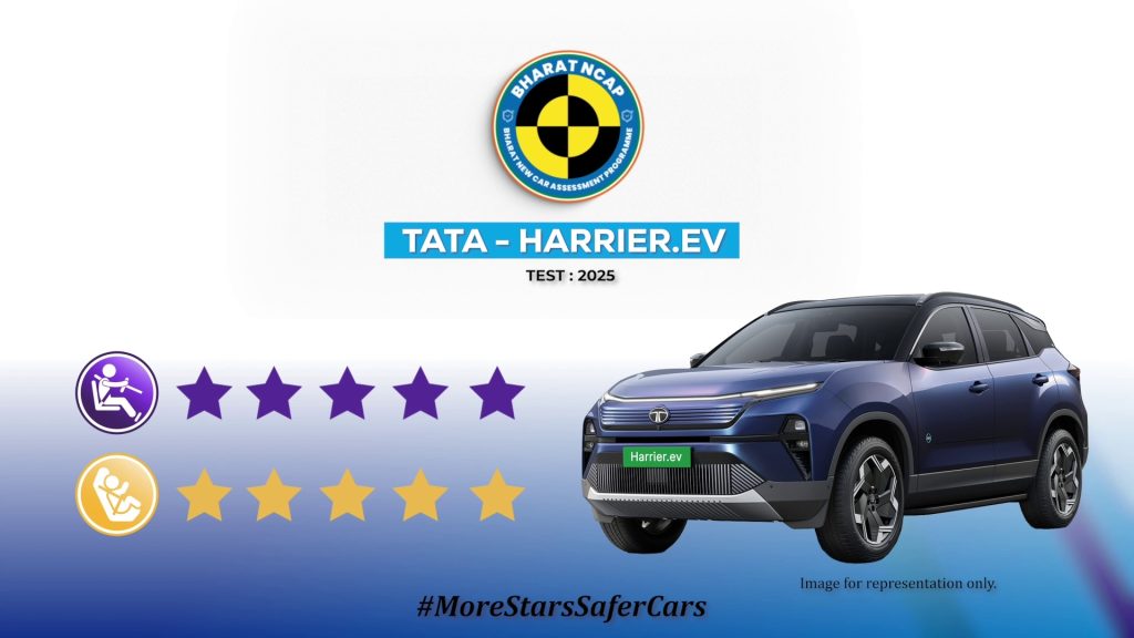 Bharat NCAP crash test result for Tata Harrier EV with 5-star adult and child safety rating.