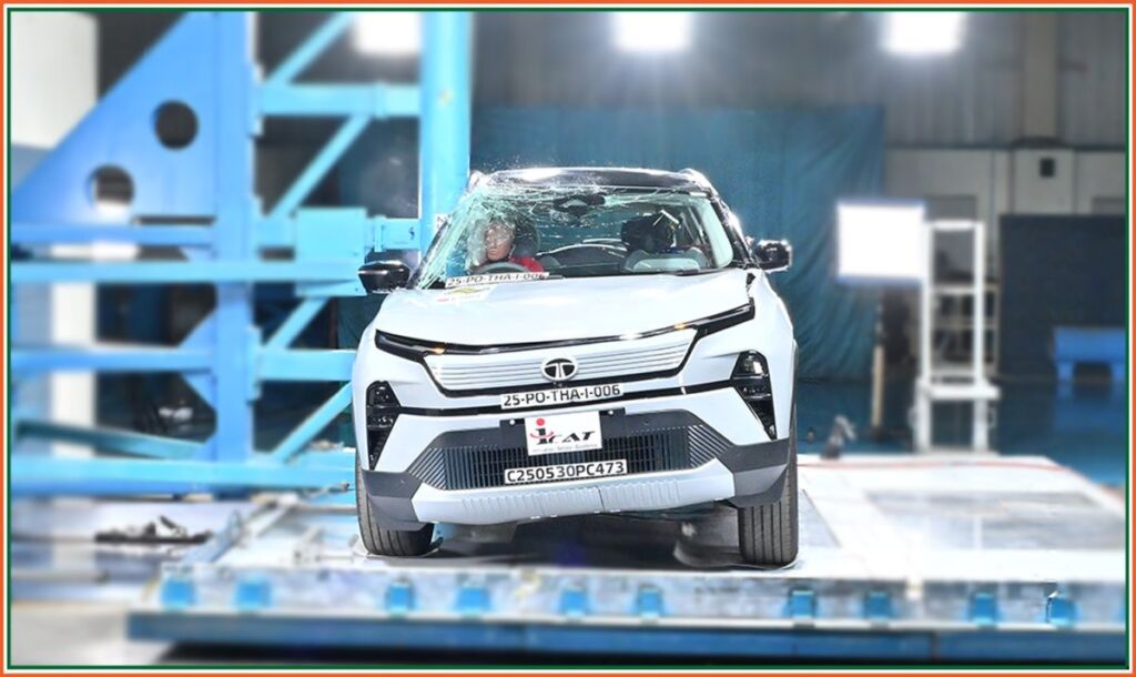 Pole impact crash test of Tata Harrier EV showing side curtain airbags and damage pattern.