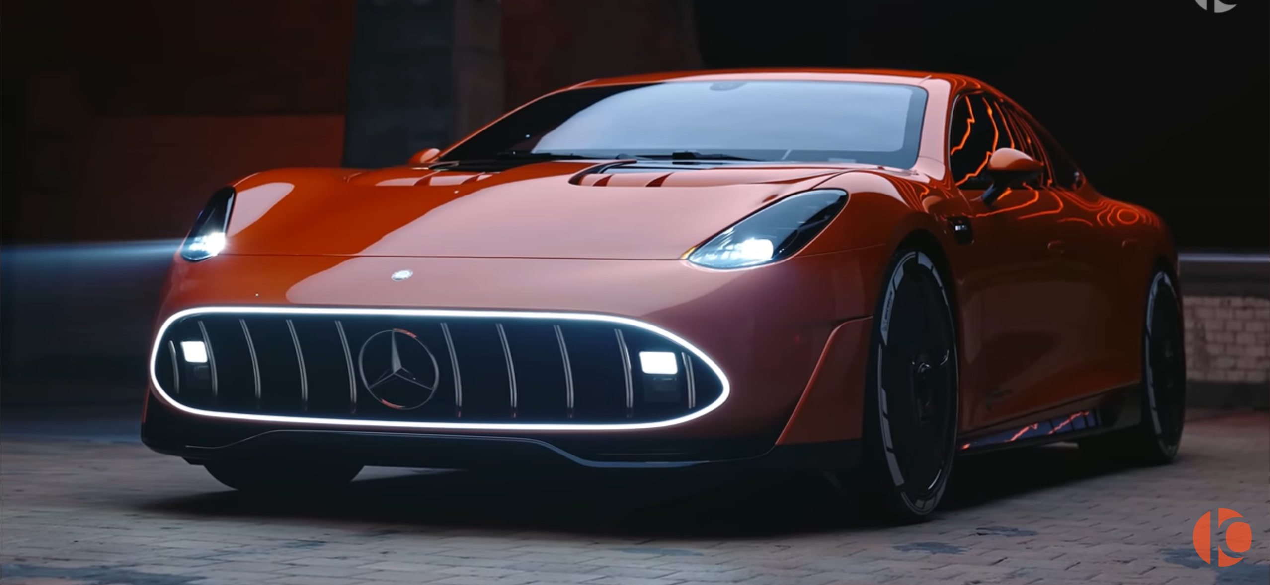 Front three-quarter view of the Mercedes AMG GT XX electric concept in orange