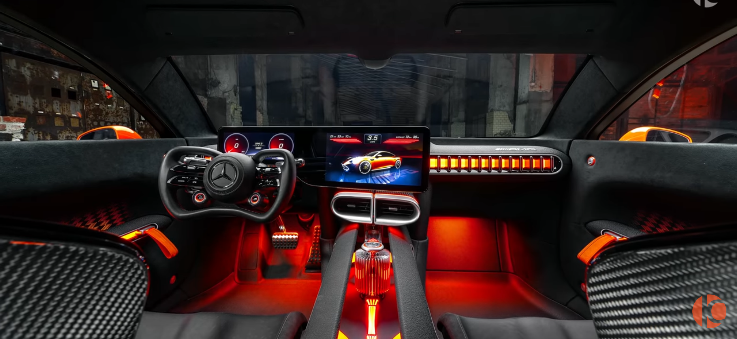 This image showcases the front three-quarter view of the Mercedes AMG GT XX, emphasizing its illuminated Panamericana grille, sculpted hood, and sleek LED headlamps finished in a bold orange hue.