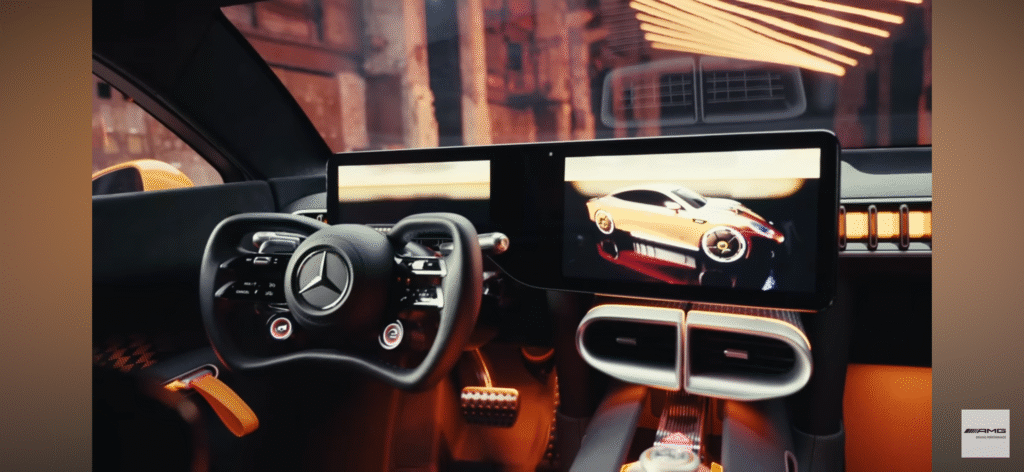 close-up of AMG GT XX's dual infotainment screens and futuristic steering yoke