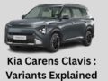 Kia Carens Clavis front three-quarter view in metallic grey with bold styling and LED headlamps