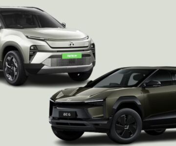 Tata Harrier EV and Mahindra BE 6 electric SUVs front-side view comparison