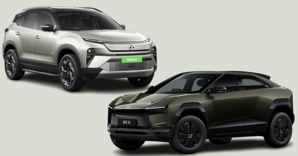 Tata Harrier EV and Mahindra BE 6 electric SUVs front-side view comparison
