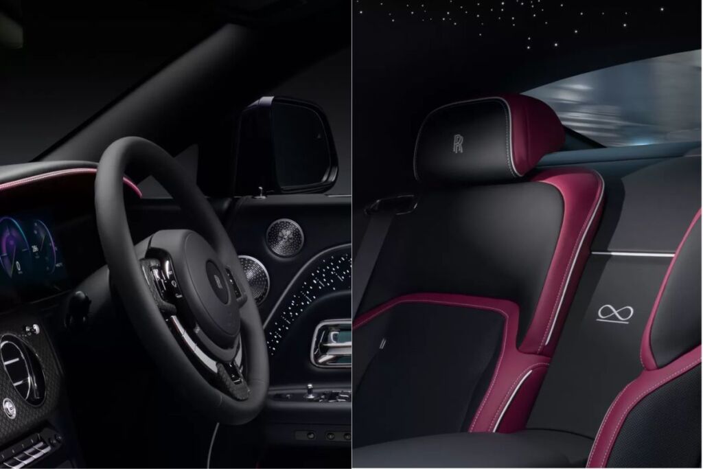 Rolls-Royce Spectre interior showcasing the dashboard and rear seat with purple-black upholstery and star-lit roof