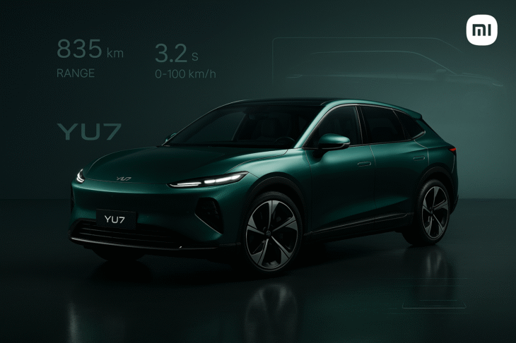 Xiaomi YU7 electric SUV in Emerald Green under studio lights with futuristic design and performance highlights.