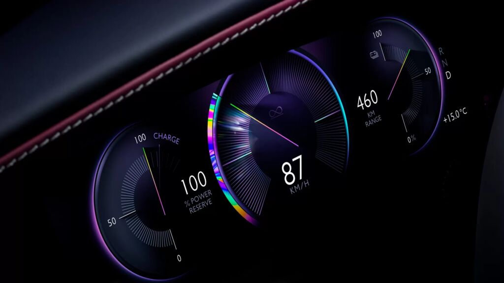 Rolls-Royce Spectre digital instrument cluster showing 460 km range