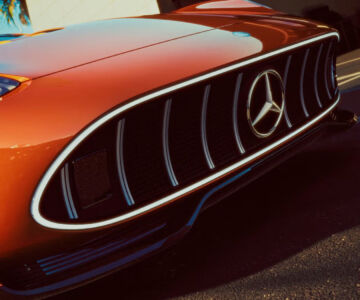 Close-up of the front grille of the Mercedes AMG GT XX in natural daylight