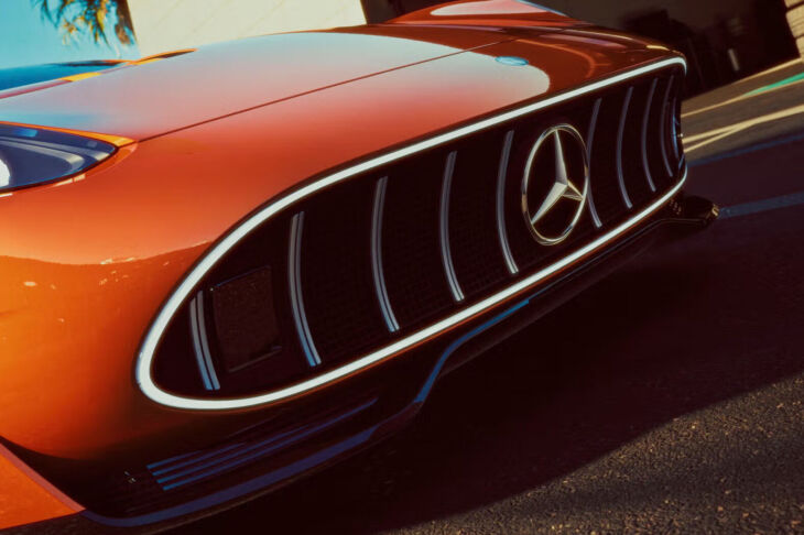 Close-up of the front grille of the Mercedes AMG GT XX in natural daylight