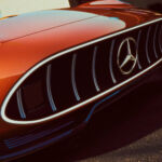 Close-up of the front grille of the Mercedes AMG GT XX in natural daylight