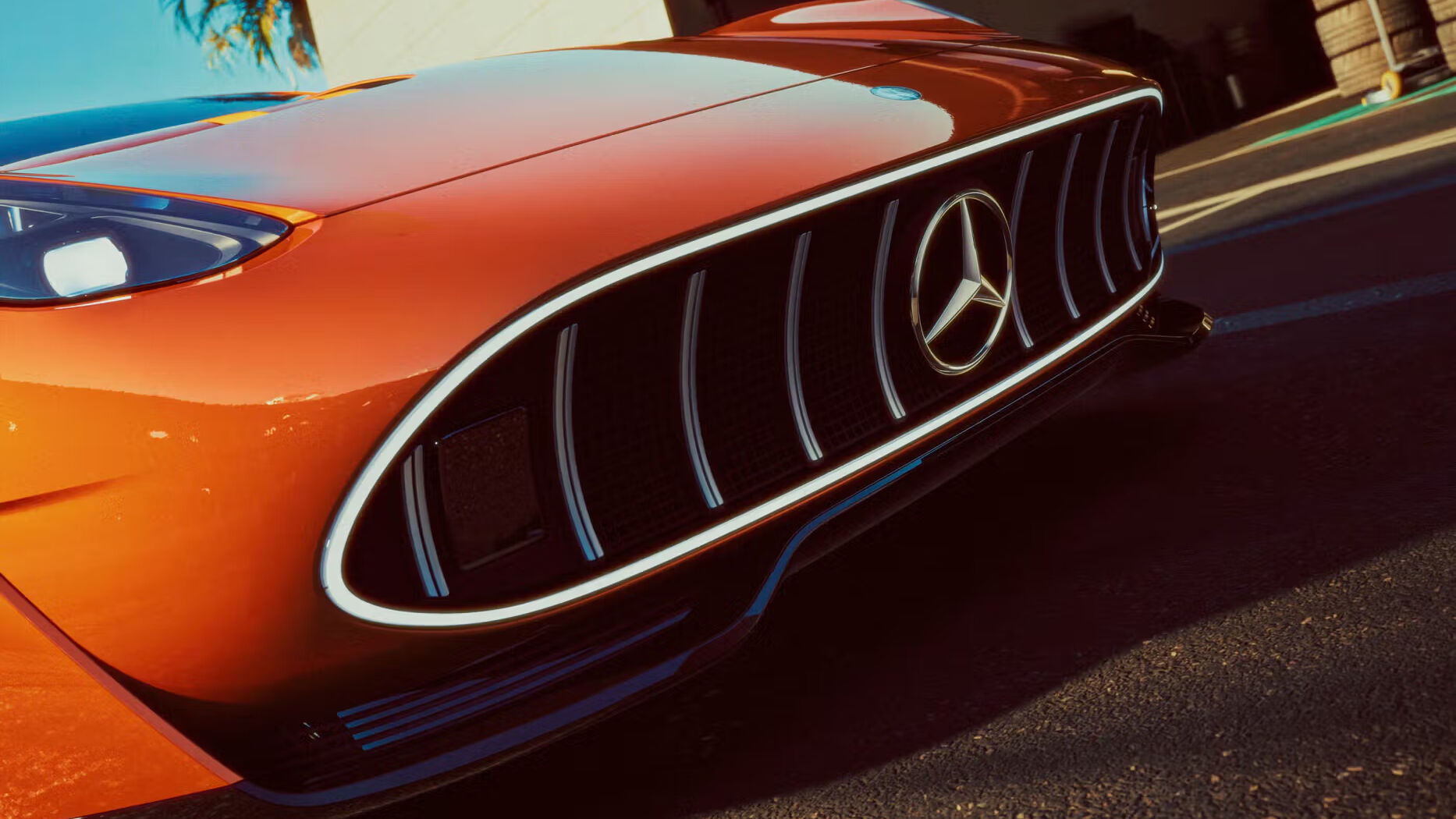 Close-up of the front grille of the Mercedes AMG GT XX in natural daylight