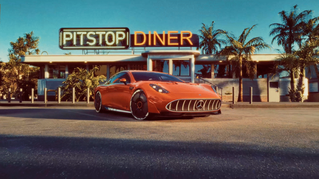 Orange Mercedes AMG XX concept car parked outside a retro-style diner with neon "Pitstop Diner" signage, surrounded by palm trees and clear blue skies.