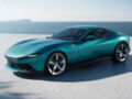 Front-side view of the Ferrari Amalfi in turquoise by the seaside