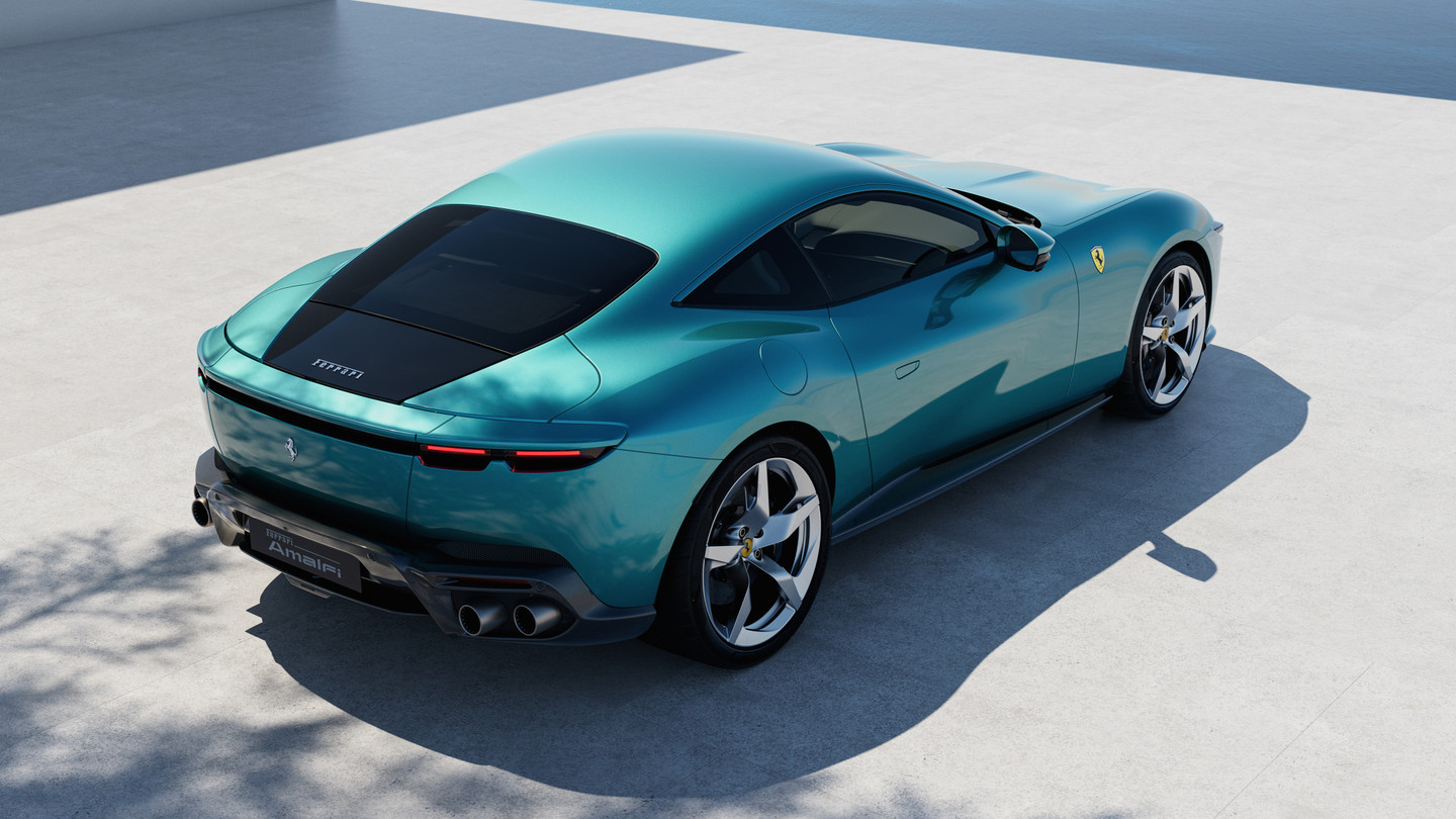 Rear view of the Ferrari Amalfi in turquoise with quad exhausts