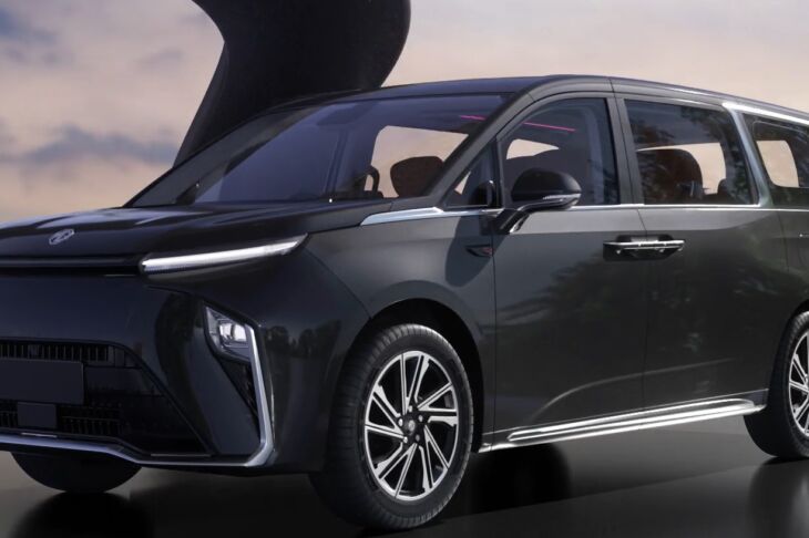 Front-side view of the upcoming MG M9 electric MPV in black with sleek LED headlamps and dual-tone design.