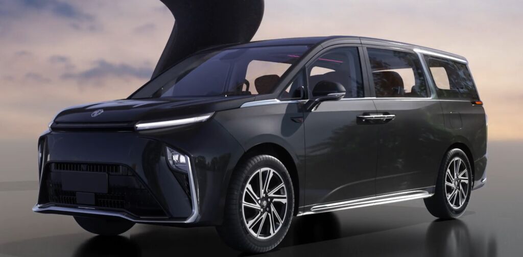 Front-side view of the upcoming MG M9 electric MPV in black with sleek LED headlamps and dual-tone design.