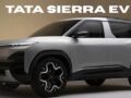Front-side view of the upcoming Tata Sierra EV SUV in silver and black with bold styling and LED lightbar
