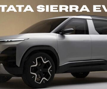 Front-side view of the upcoming Tata Sierra EV SUV in silver and black with bold styling and LED lightbar