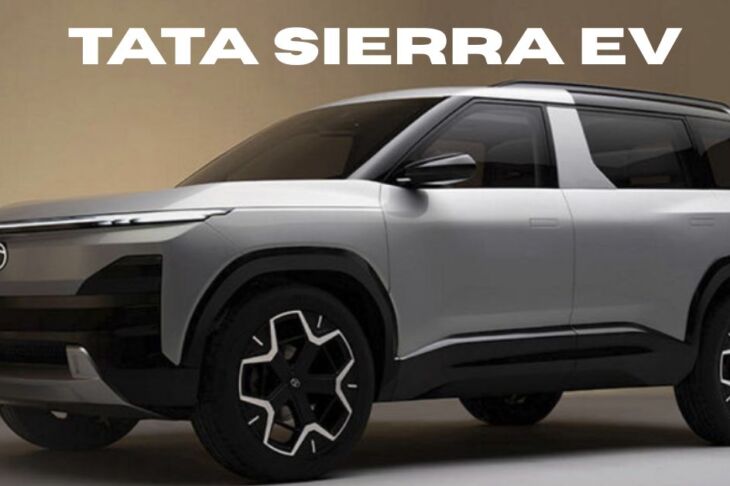 Front-side view of the upcoming Tata Sierra EV SUV in silver and black with bold styling and LED lightbar