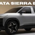 Front-side view of the upcoming Tata Sierra EV SUV in silver and black with bold styling and LED lightbar