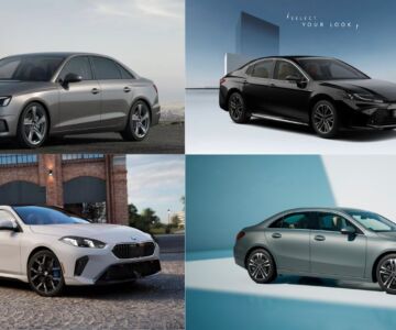 Four premium sedans — BMW 2 Series, Mercedes-Benz A-Class, Audi A4, and Toyota Camry — parked diagonally in a scenic Indian urban backdrop.
