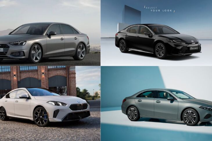 Four premium sedans — BMW 2 Series, Mercedes-Benz A-Class, Audi A4, and Toyota Camry — parked diagonally in a scenic Indian urban backdrop.
