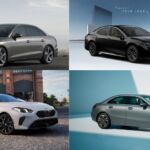 Four premium sedans — BMW 2 Series, Mercedes-Benz A-Class, Audi A4, and Toyota Camry — parked diagonally in a scenic Indian urban backdrop.