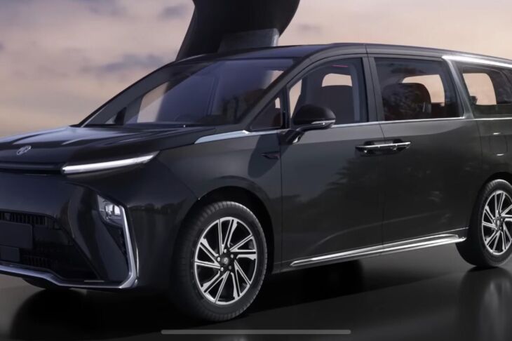 Front-side view of the upcoming MG M9 electric MPV in black with sleek LED headlamps and dual-tone design.