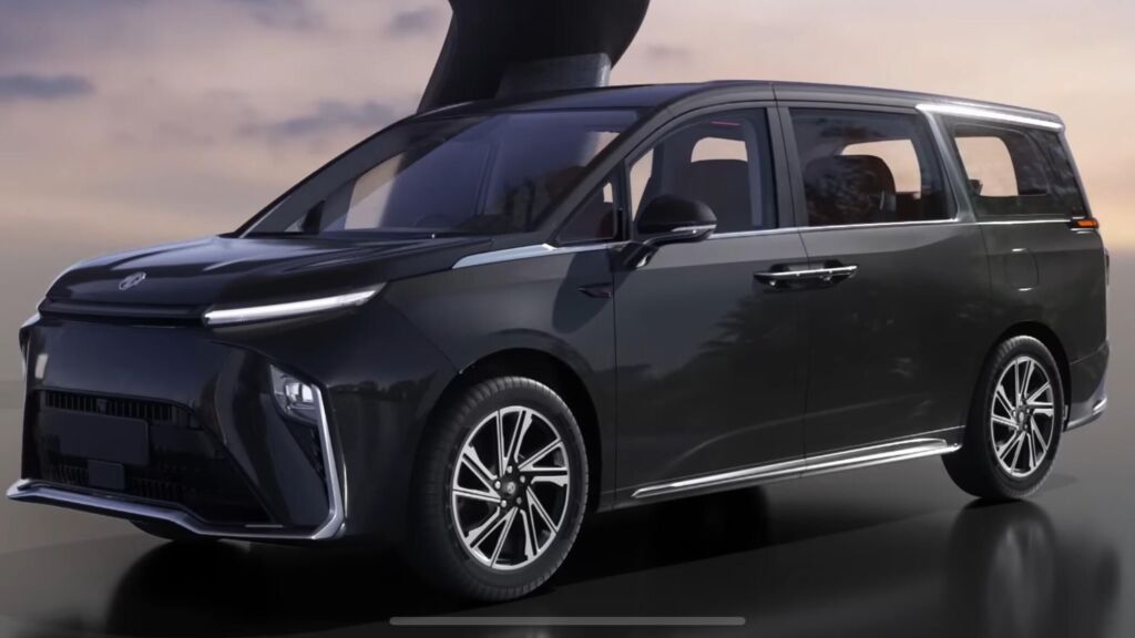 Front-side view of the upcoming MG M9 electric MPV in black with sleek LED headlamps and dual-tone design.