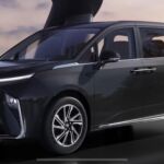Front-side view of the upcoming MG M9 electric MPV in black with sleek LED headlamps and dual-tone design.